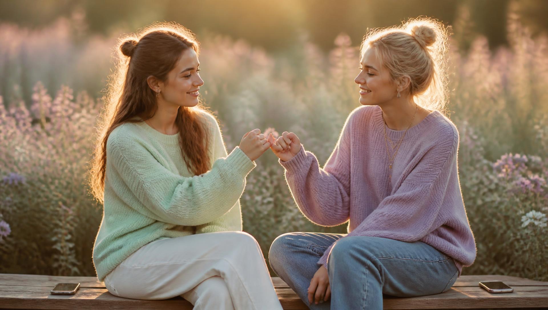 two friends making a pinky promise at golden hour, their phones face down on the bench beside them