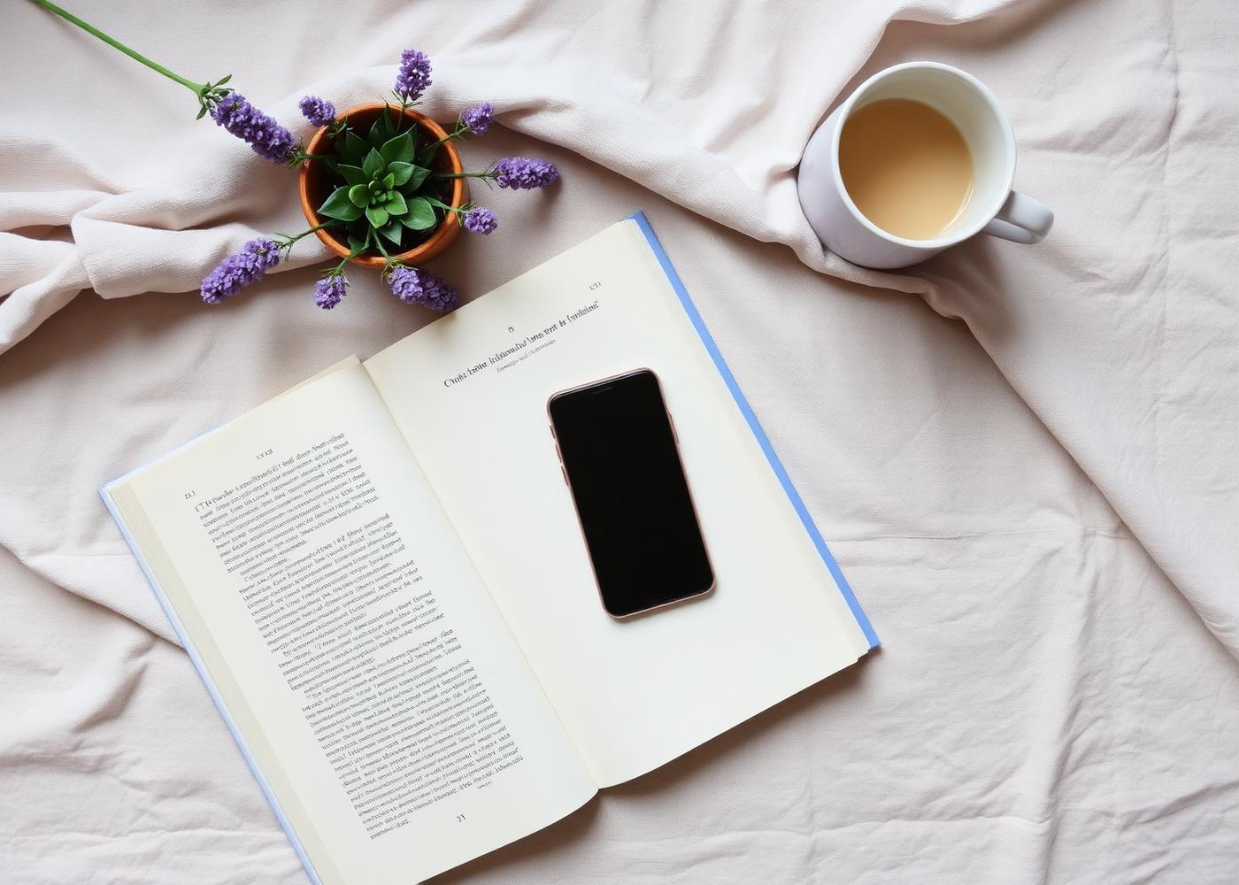 a phone face down next to a book and coffee